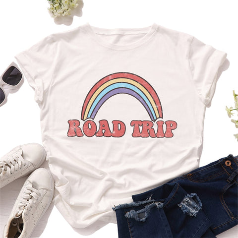 Plus Size S-5XL New Rainbow Print 100%Cotton T Shirt Women Shirts O Neck Short Sleeve Summer Women TShirt Tops  Funny T Shirts