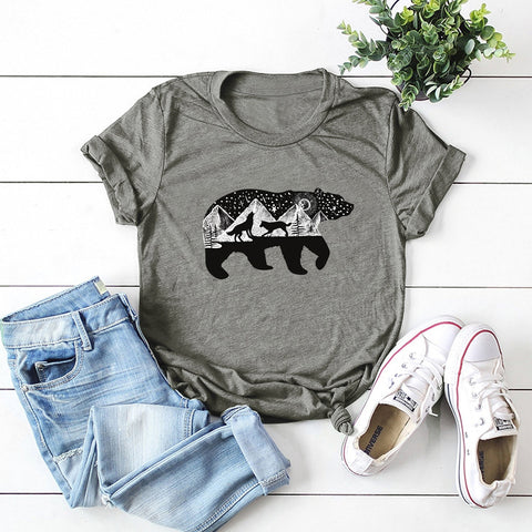 Plus Size Funny T Shirts Black White Bear Wolf Print TShirt Women Cotton O Neck Short Sleeve Tops Women T Shirt Streetwear