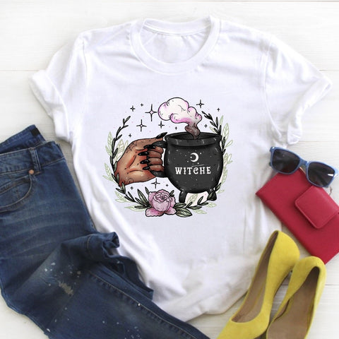 Women Fashion Witch Coffee Cartoon Clothing Print Ladies Summer T Tee  Female Top Shirt Clothes Tshirt Womens Graphic T-shirt